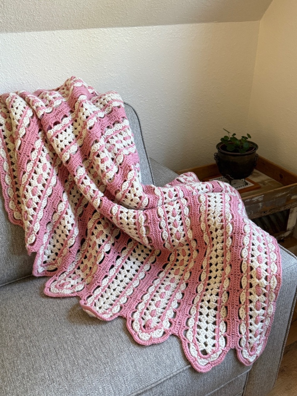 Handmade Crochet Afghan Pink Cream Coquette Aesthetic Girl Scalloped Edge Throw